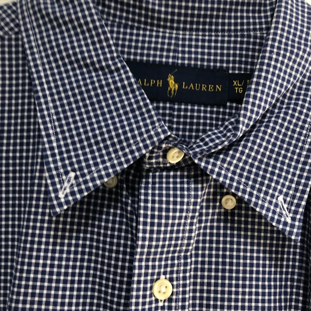 Polo Ralph Lauren Button Shirt Blue White Gingham Plaid Mens Red Pony XL Cotton